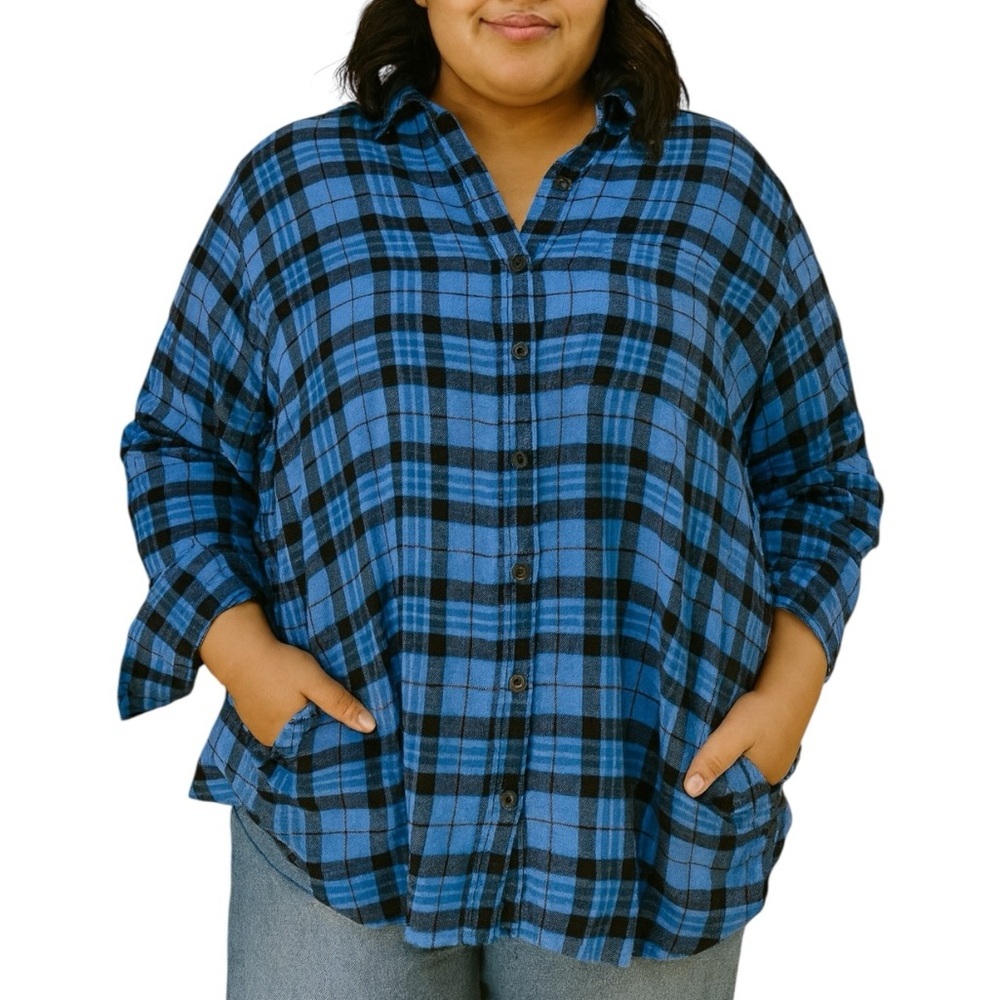 Wild Fable XXL Blue Plaid 100% Cotton Button Front Casual Flannel w/ Pockets